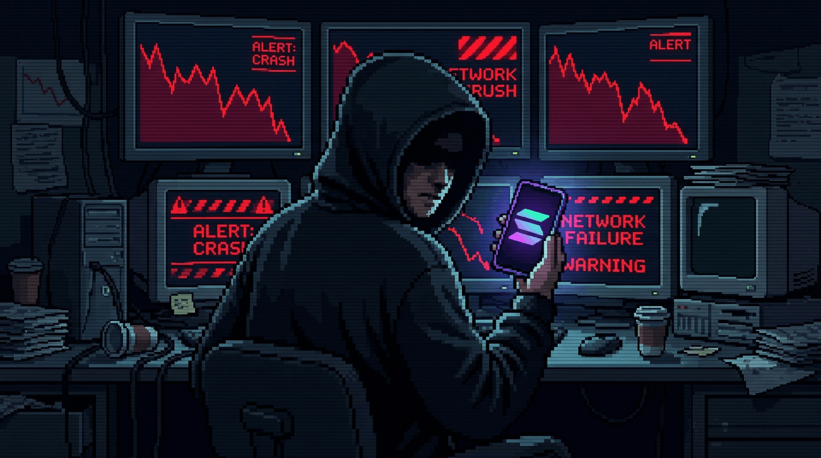 Shadowy figure in hoodie holding phone with Solana logo glowing, surrounded by red warning signals and coin charts crashing, investigative dark aesthetic