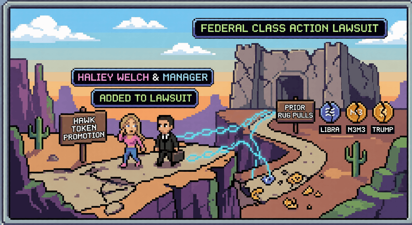 Hailey Welch social media influencer surrounded by crashing price charts and hawk imagery, crypto promotion gone wrong