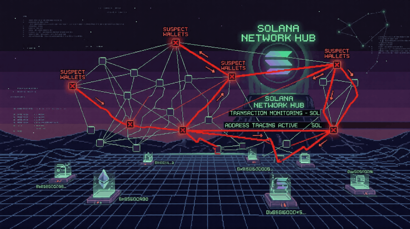 On-chain blockchain wallet forensics visualization, red connecting lines between suspect wallets, dark hacker aesthetic, Solana network graph