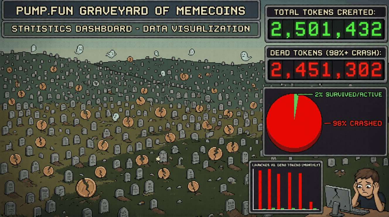 Pump.fun website statistics showing millions of dead tokens, graveyard of memecoins with 98 percent crash rate, data visualization