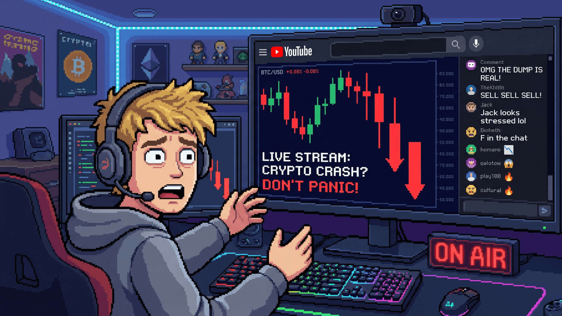Jack Doherty YouTube influencer at computer streaming live, crypto charts collapsing in background, audience watching dump in real time