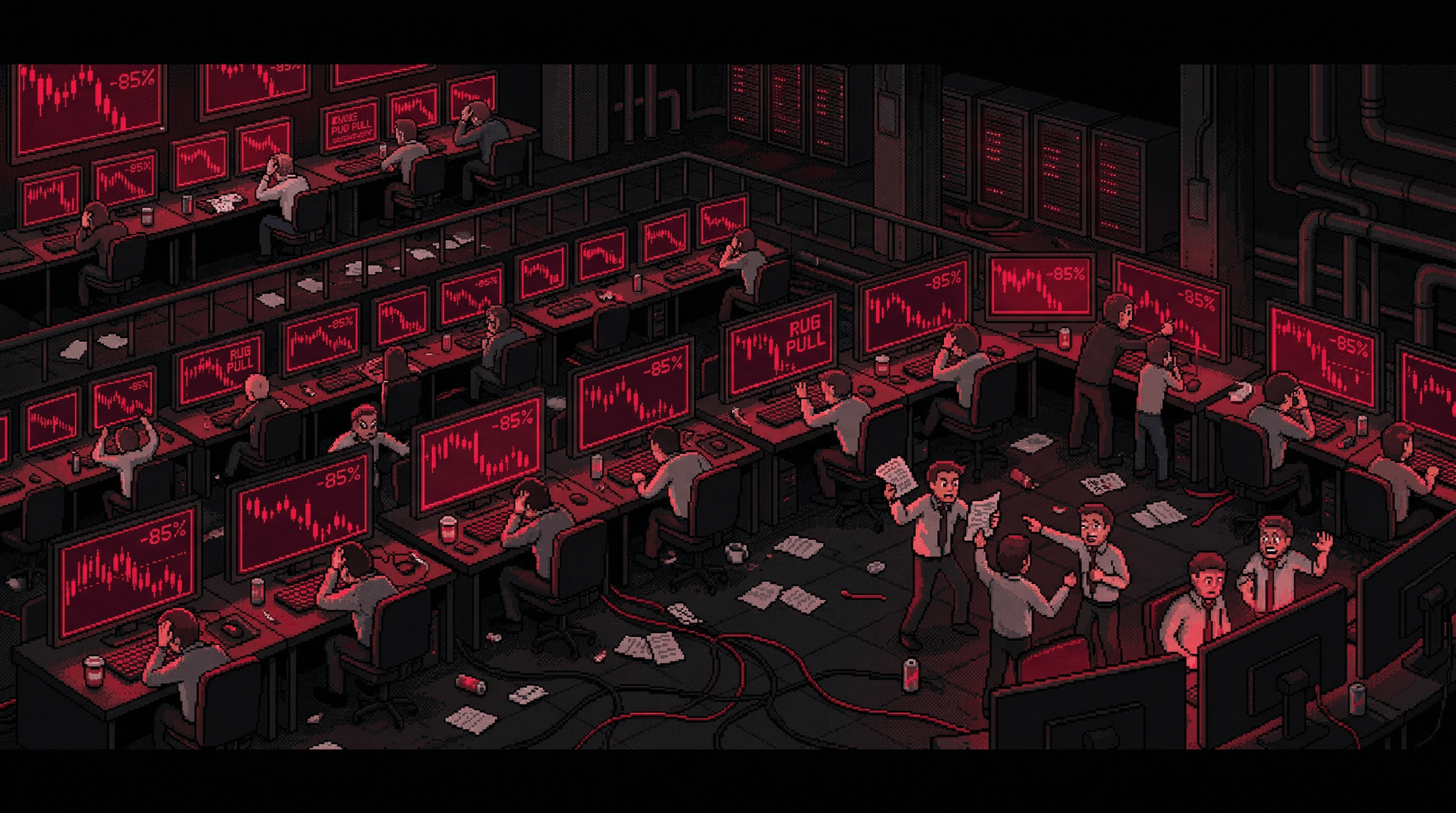 Dark, cinematic scene of crypto traders screaming at red candles plunging on multiple trading monitors. Chaotic, red-lit trading floor demonstrating the raw panic of a rug pull.